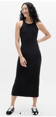 Athleta Size Large Signature Ribbed Maxi Sheath Dress Black Crew Neck Sleeveless